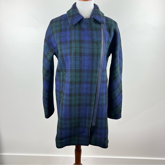 J. Crew Wool Zippered Coat Black Watch Tartan Size 4 Classic Academia Peacoat - Picture 11 of 15